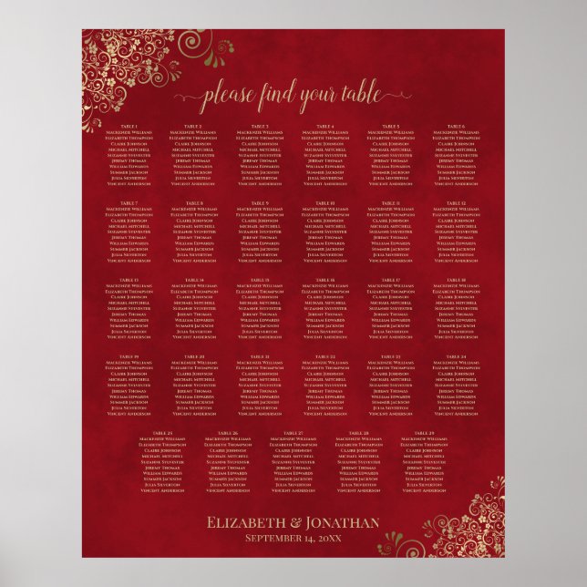 Gold Frills auf Red 29 Table Seating Chart Poster (Vorne)