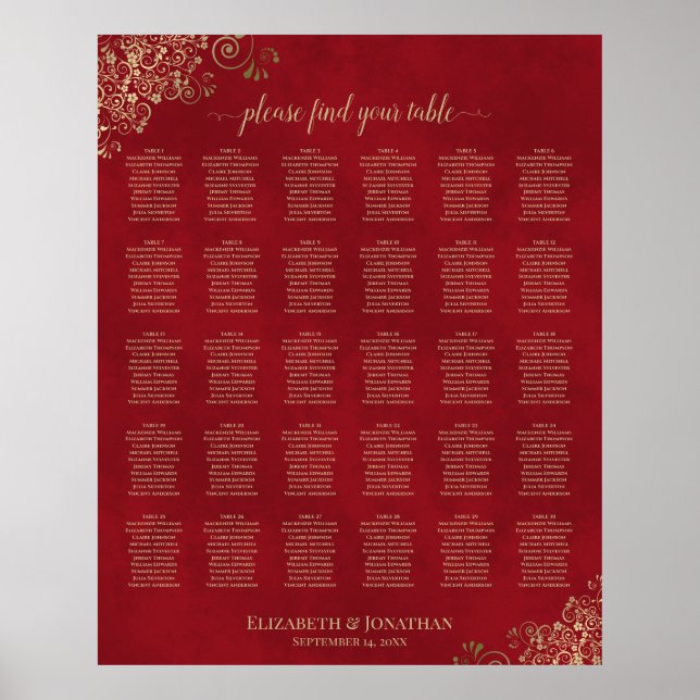 Gold Frills auf Red 30 Table Seating Chart Poster (Vorne)