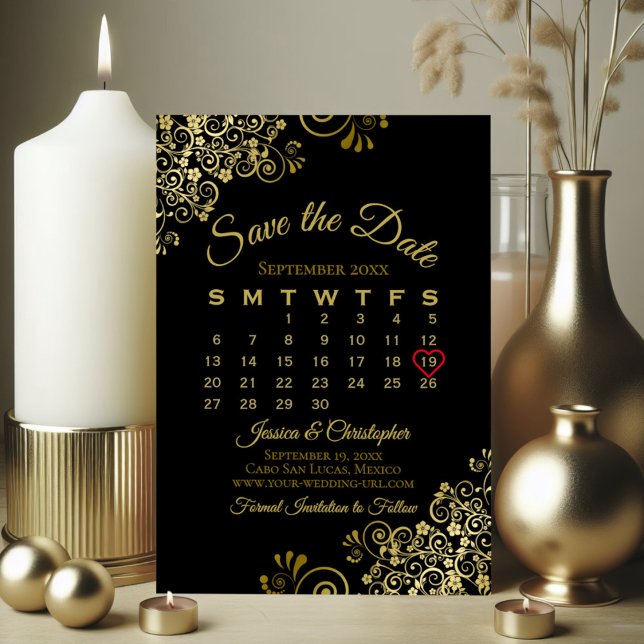 Gold Frills Black Simple Hochzeitskalender Save The Date (Von Creator hochgeladen)