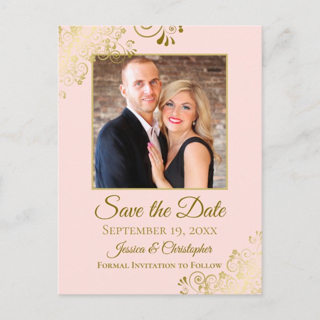Gold Frills Blush Pink Wedding Save the Date Foto Ankündigungspostkarte (Vorderseite)