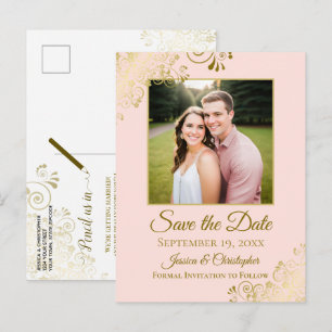 Gold Frills Blush Pink Wedding Save the Date Foto Ankündigungspostkarte