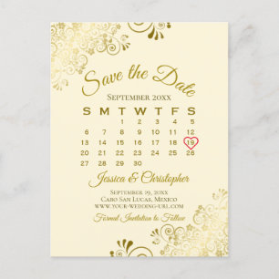 Gold Frills Cream Wedding Save the Date Calendar Ankündigungspostkarte