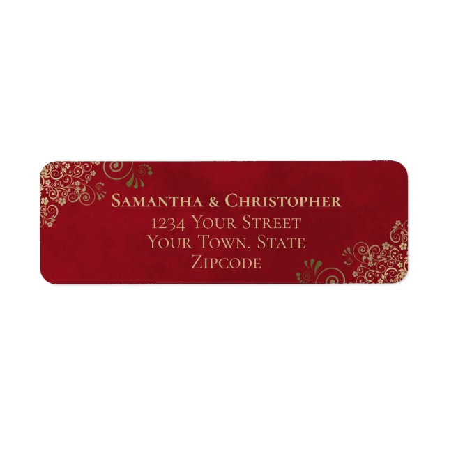 Gold Frills Crimson Red Wedding Rücksendeadresse (Vorne)