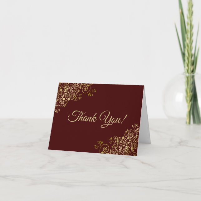 Gold Frills Elegant Auburn Brown Wedding Photo Dankeskarte (Vorderseite)
