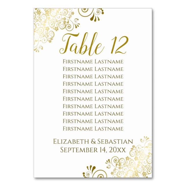 Gold Frills Elegantes White Wedding Seating Chart Tischnummer (Rückseite)