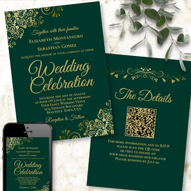 Gold Frills Emerald Green Elegant QR Code Wedding Einladung (Von Creator hochgeladen)