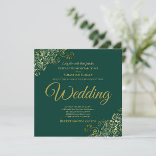 Gold Frills Emerald Green Elegant Square Wedding Einladung