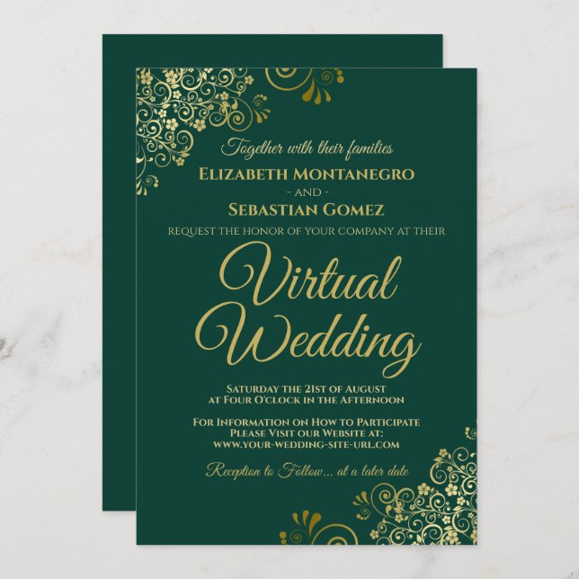 Gold Frills Emerald Green Elegant Virtual Wedding Einladung (Vorne/Hinten)