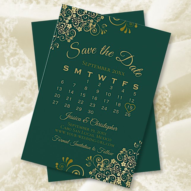 Gold Frills Emerald Green Elegant Wedding Calendar Save The Date (Von Creator hochgeladen)
