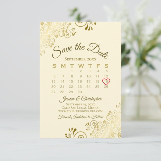 Gold Frills Ivory Cream Chic Wedding Calendar Save The Date (Stehend Vorderseite)