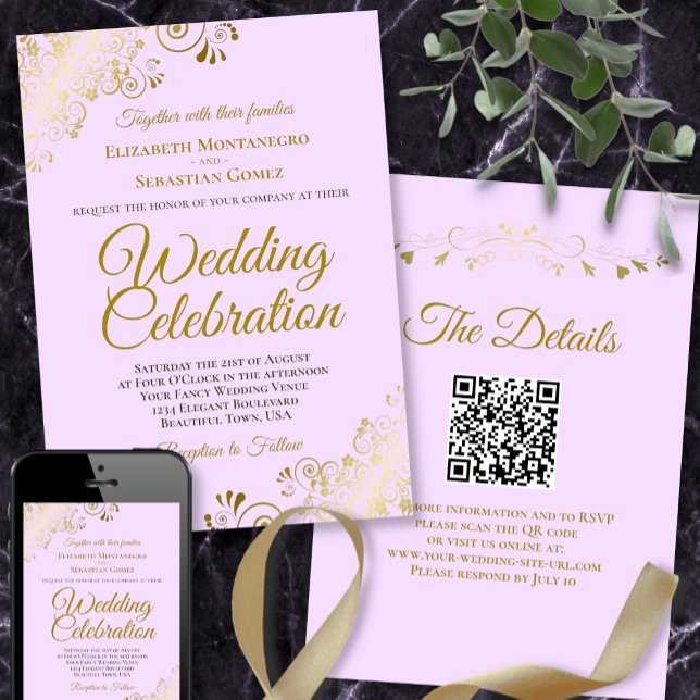 Gold Frills & Lilac Lila QR Code Hochzeit Einladung (Von Creator hochgeladen)