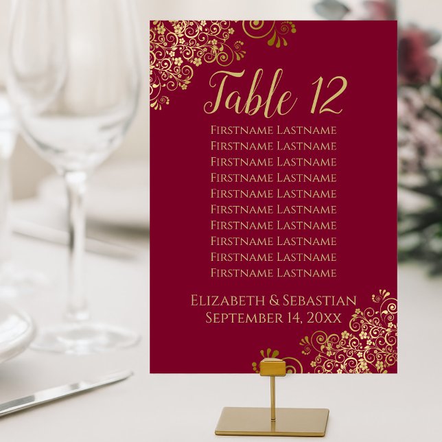 Gold Frills Maroon Burgundy Seating Chart Tischnummer (Small Cards for on-Table Display. For Larger Cards see the Seating Chart Section.)