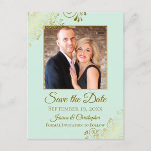 Gold Frills Mint Green Wedding Save the Date Foto Ankündigungspostkarte
