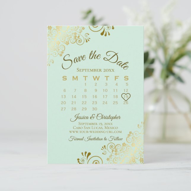 Gold Frills Neo Mint Green Chic Wedding Calendar Save The Date (Stehend Vorderseite)