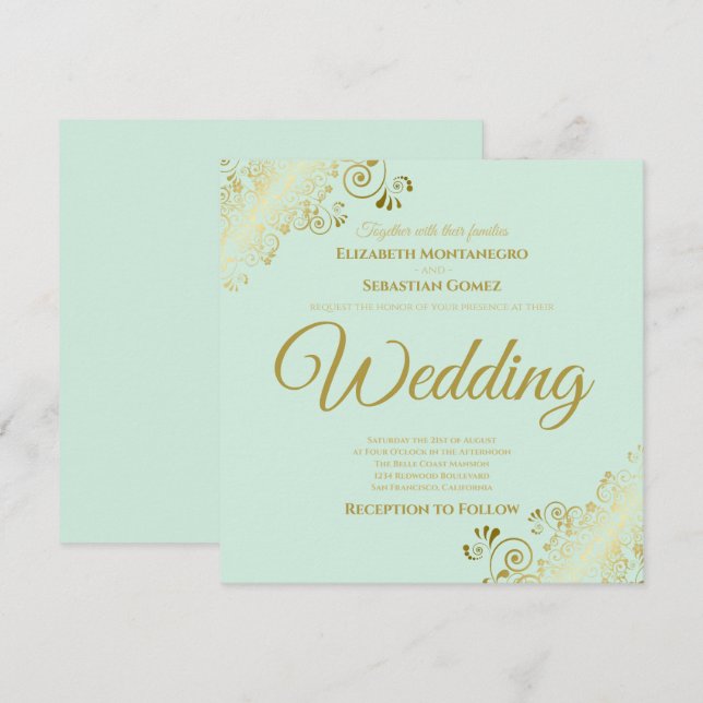 Gold Frills Neo Mint Green Elegant Square Wedding Einladung (Vorne/Hinten)
