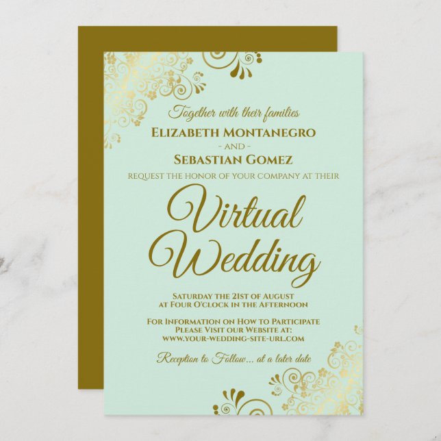 Gold Frills Neo Mint Green Elegant Virtual Wedding Einladung (Vorne/Hinten)