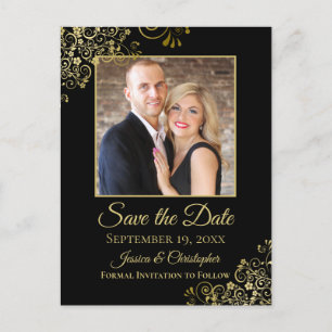 Gold Frills on Black Wedding Save the Date Foto Ankündigungspostkarte