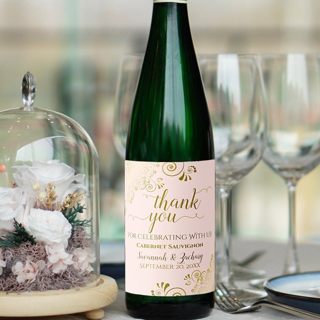 Gold Frills on Blush Pink Wedding Danke Chic Weinetikett (Von Creator hochgeladen)