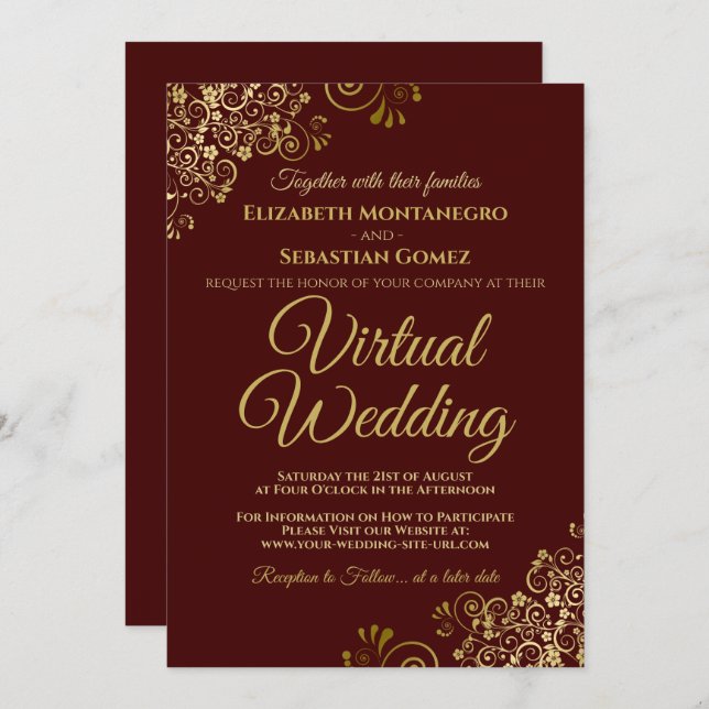 Gold Frills on Burgundy Elegant Virtual Wedding Einladung (Vorne/Hinten)