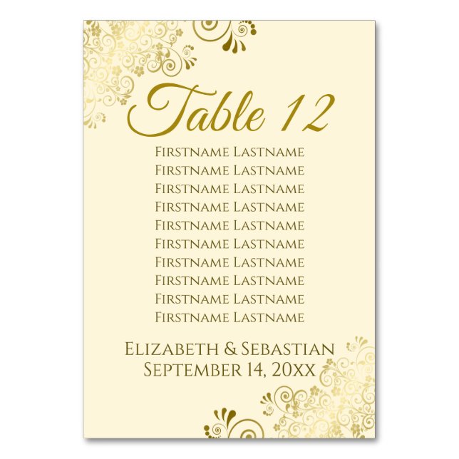 Gold Frills on Cream Elegante Seating Chart Tischnummer (Rückseite)
