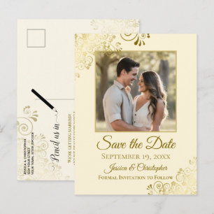 Gold Frills on Cream Wedding Save the Date Foto Ankündigungspostkarte