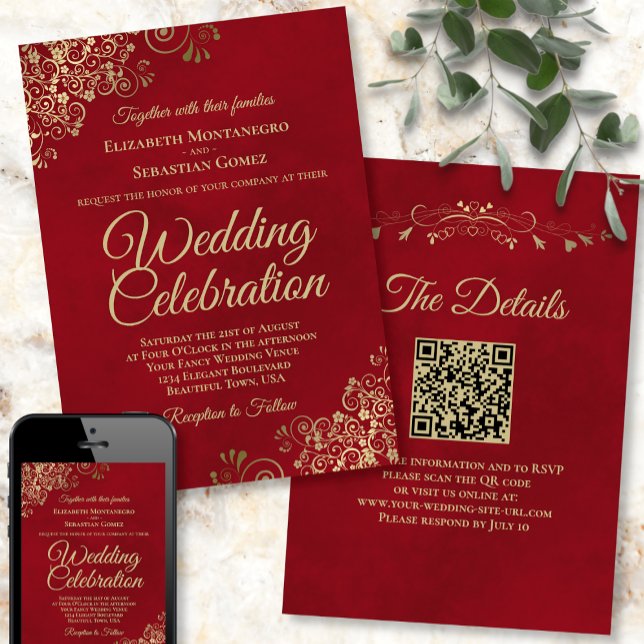 Gold Frills on Crimson Red Elegant QR Code Wedding Einladung (Von Creator hochgeladen)
