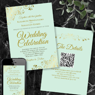 Gold Frills on Mint Green Elegant QR Code Hochzeit Einladung