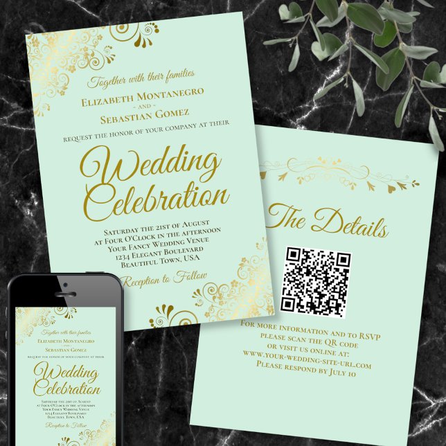 Gold Frills on Mint Green Elegant QR Code Hochzeit Einladung (Von Creator hochgeladen)
