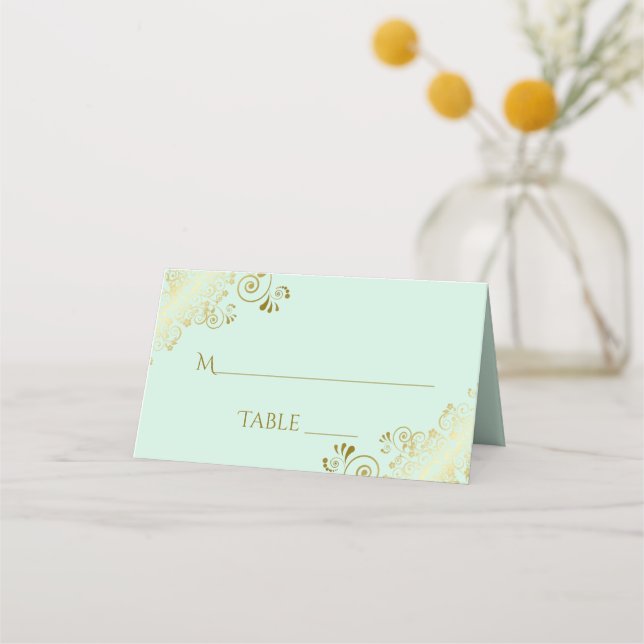 Gold Frills on Mint Green Elegant Wedding Write-In Platzkarte (Vorderseite)