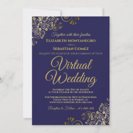 Gold Frills on Navy Blue Elegant Virtual Wedding Einladung