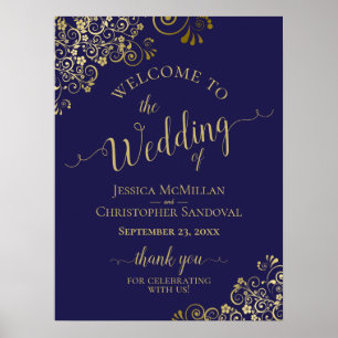 Gold Frills on Navy Blue Elegant Wedding Welcome Poster