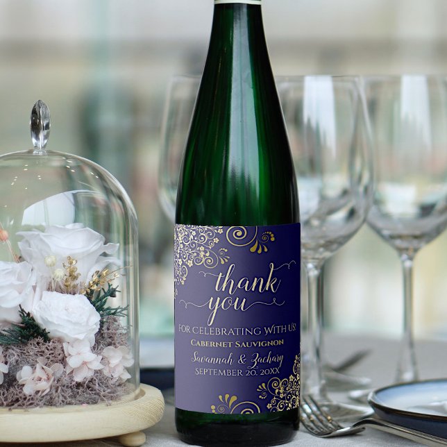 Gold Frills on Navy Blue Wedding Vielen Dank Weinetikett (Von Creator hochgeladen)