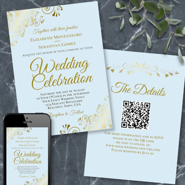 Gold Frills on Powder Blue Elegant QR Code Wedding Einladung (Von Creator hochgeladen)