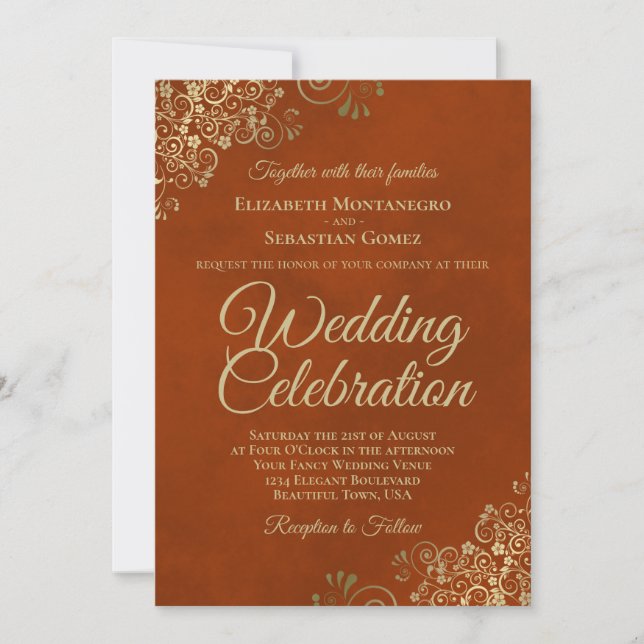 Gold Frills on Rust Orange Elegant QR Code Wedding Einladung (Vorderseite)