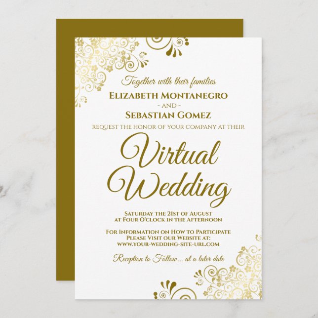Gold Frills on White Elegant Virtual Wedding Einladung (Vorne/Hinten)