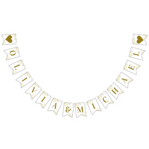 Gold Frills on White Wedding Couple Names Elegant Wimpelkette