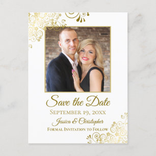 Gold Frills on White Wedding Save the Date Foto Ankündigungspostkarte