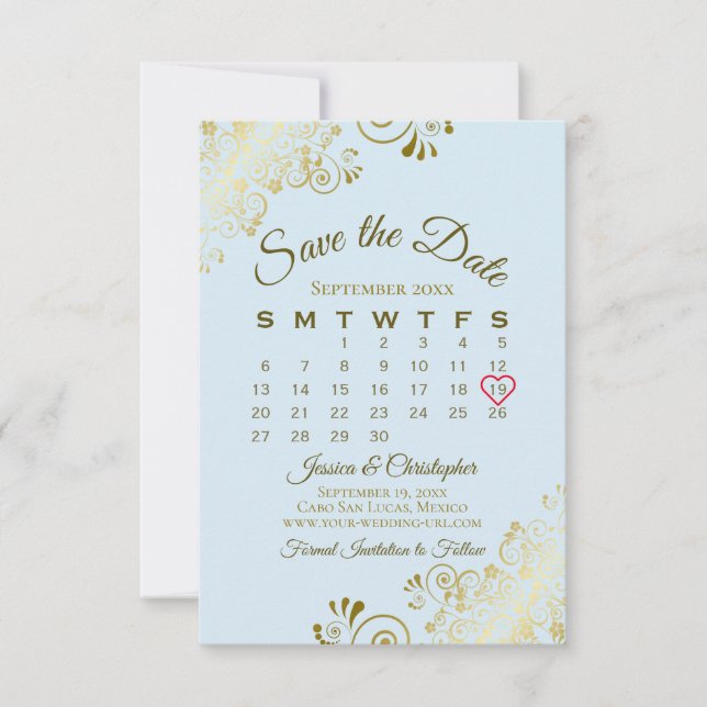 Gold Frills Powder Blue Chic Wedding Calendar Save The Date (Vorderseite)