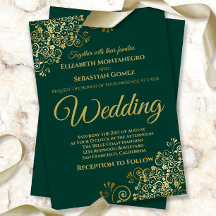 Gold Frills Simple Chic Emerald Green Wedding Einladung