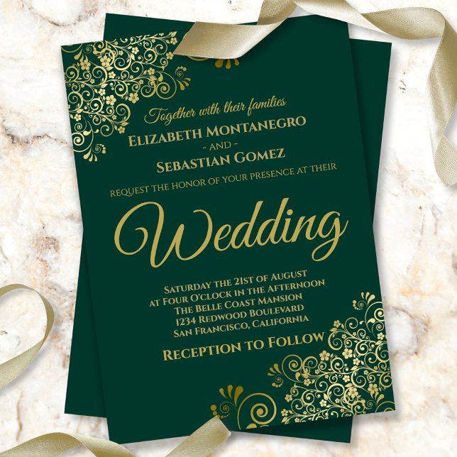 Gold Frills Simple Chic Emerald Green Wedding Einladung (Von Creator hochgeladen)