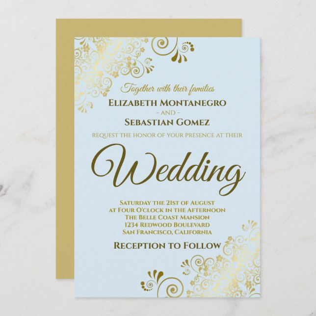 Gold Frills Simple Chic Powder Blue Wedding Einladung (Vorne/Hinten)