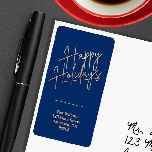 Gold Frohe Feiertage Blaue Rücksendeadresse Adressaufkleber (Gold script Happy Holidays on blue vertical return address labels)
