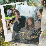 Gold Frohe Weihnachten 4 Foto Collage<br><div class="desc">Elegante Imitate Gold-Skript überlagern 4 benutzerdefinierte Fotos Familienname und Text personalisiert Weihnachtskarte.</div>