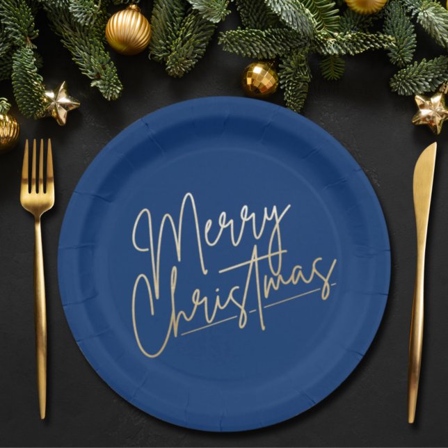 Gold Frohe Weihnachten auf Blue Pappteller (Von Creator hochgeladen)