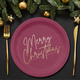 Gold Frohe Weihnachten auf Cranberry Pappteller