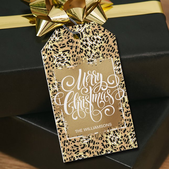 Gold Frohe Weihnachten auf Leopard Geschenkanhänger (Von Creator hochgeladen)
