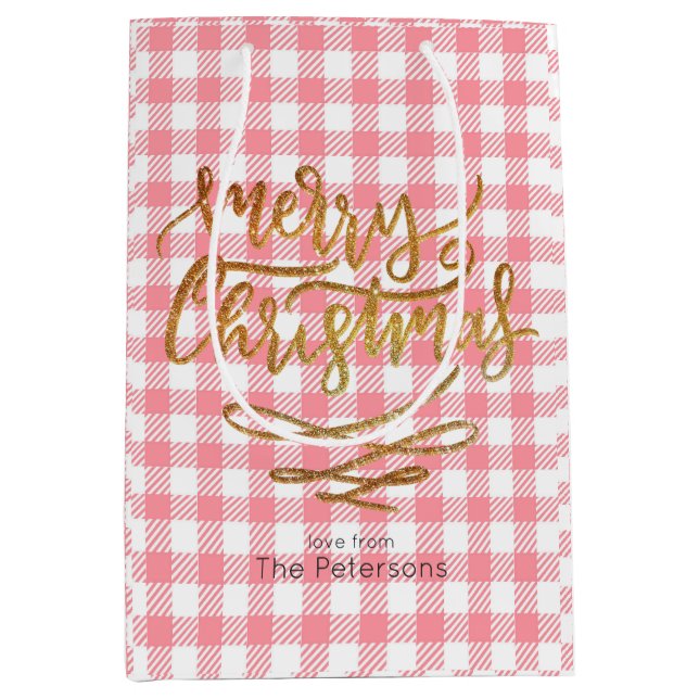 Gold Frohe Weihnachten auf Pink Gingham Kariert Mittlere Geschenktüte (Vorderseite)