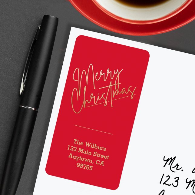 Gold Frohe Weihnachten auf Red Christmas Adresse Adressaufkleber (Gold Merry Christmas on Red Return Address Labels)