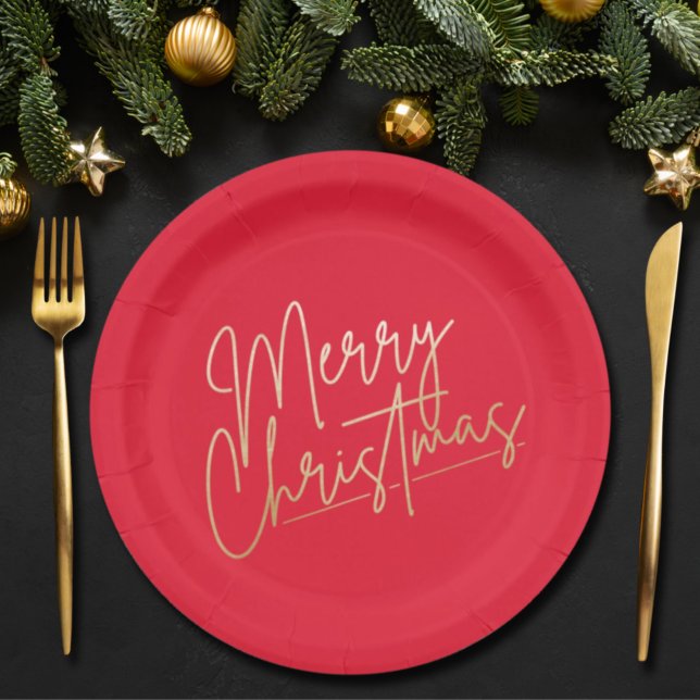 Gold Frohe Weihnachten auf Red Pappteller (Von Creator hochgeladen)