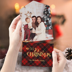 Gold Frohe Weihnachten auf Red Tartan Foto All In One Einladung